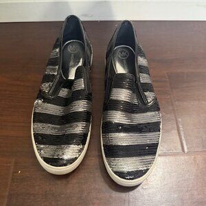 MICHAEL KORS Keaton Slip on Stripe Sequin Shoes Loafers Size 7M Black & Silver